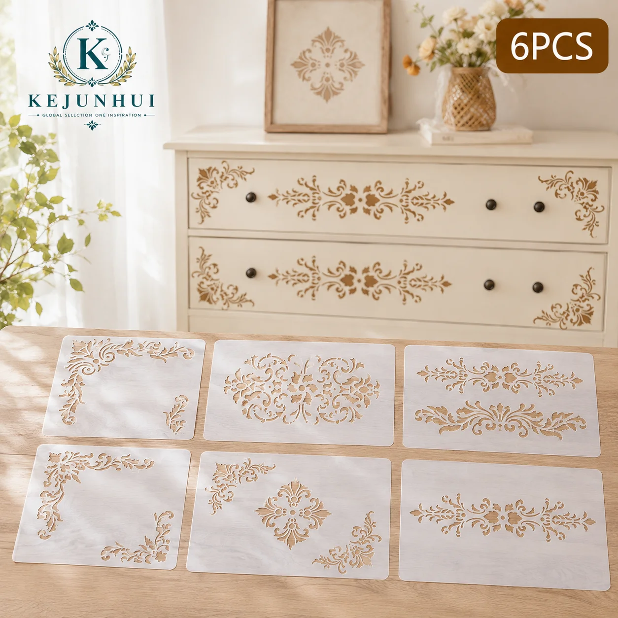 6Pcs Vintage Border Stencils Reusable PET DIY Painting Templates Floral Corner for Furniture Wood Scrapbook Drawing Crafts