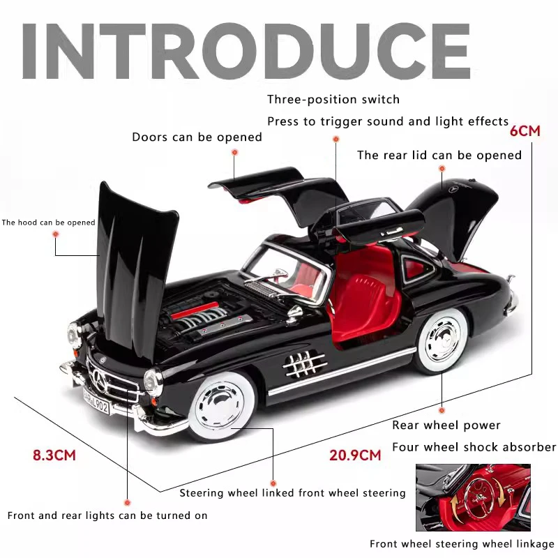 نموذج سيارة من سبيكة بنز 300Sl ، صوت وضوء ، لعبة سحب للخلف ، سيارة كلاسيكية معدنية ، مجموعة حلي ، هدية للأولاد ،