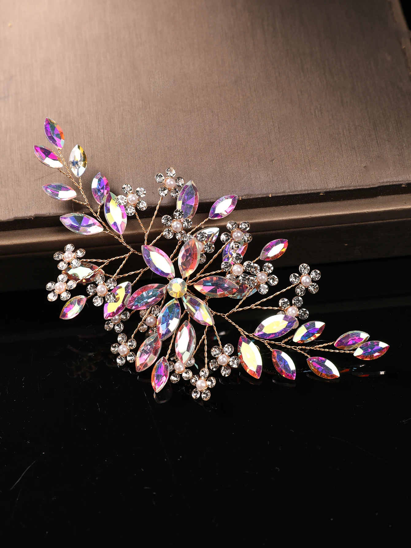 Grenzüberschreitend Beliebte Glitzernde Wassertropfen-Haaraccessoires für Hochzeiten, Legierung AB Farbige Kristallperlen Baumförmige Haarspangen – Detail 4