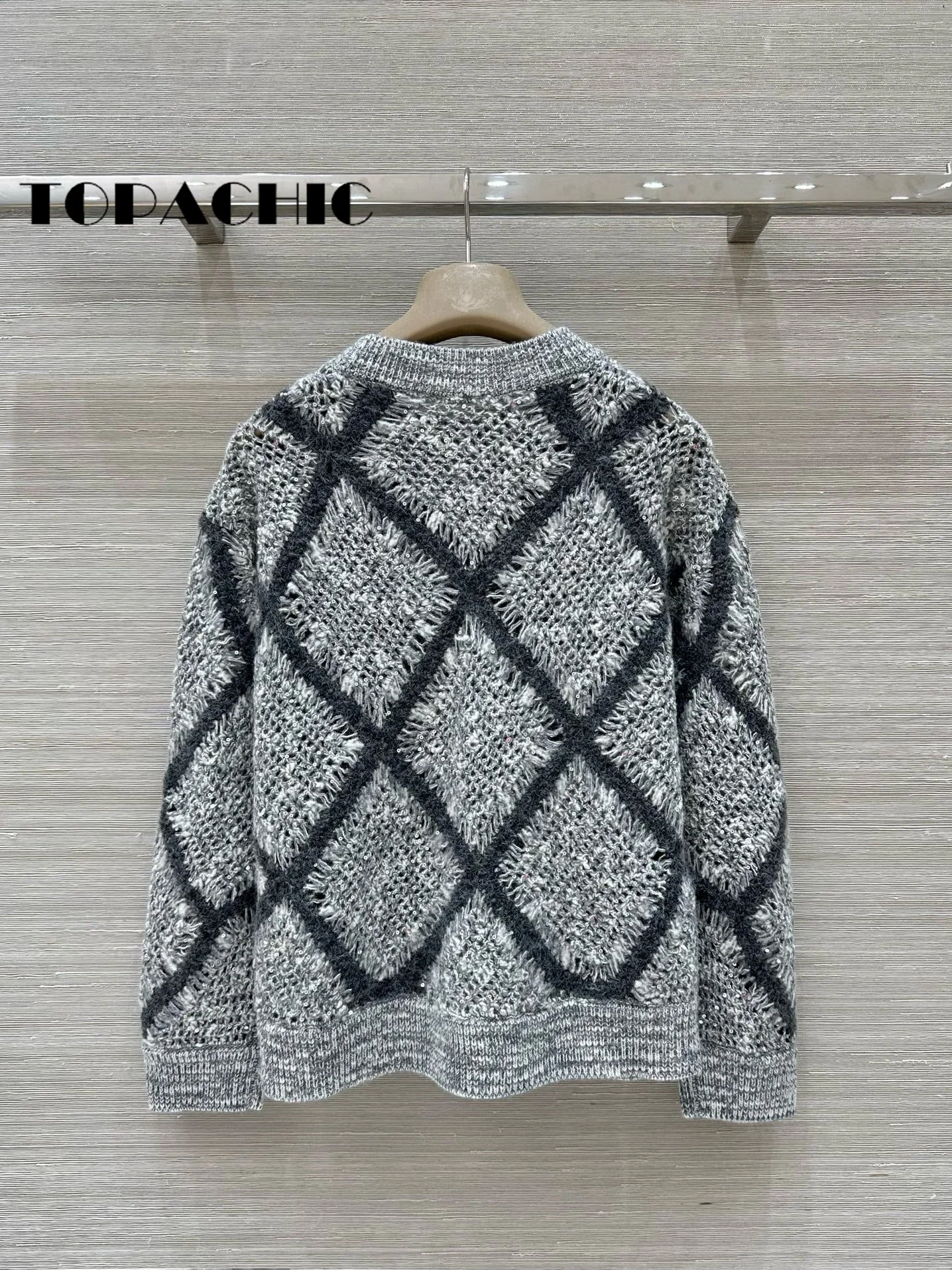 9.9 TOPACHIC Women Contrast Color Argyle Plaid Crochet Hollow Out Pullover Knitwear Wool Soft Comfortable Long Sleeve Sweater