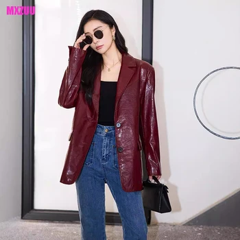 Cappotti di pelle di pecora in vera pelle da donna Autunno bavero due bottoni Borgogna lungo sciolto giacca di pelle di capra cerata di alta qualità Lady