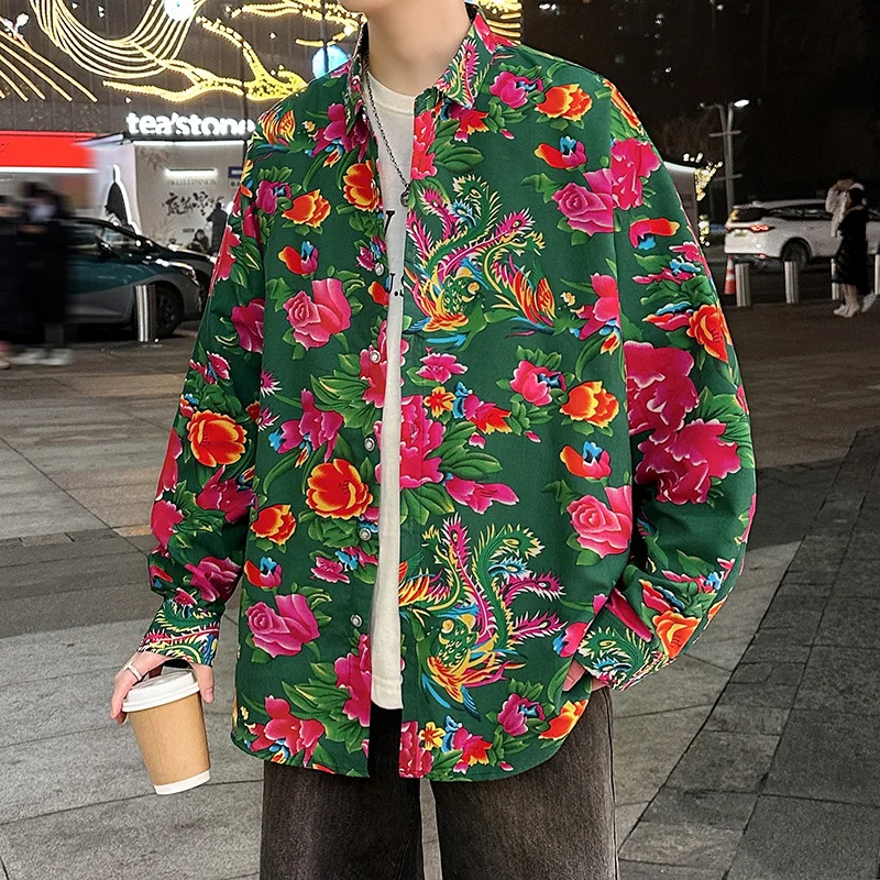 

Chinese Fashion Northeast Peony Flower Graphic Pattern Long Sleeve Shirt Men Casual Vintage Mens Shirts Plus Size Male Clothing