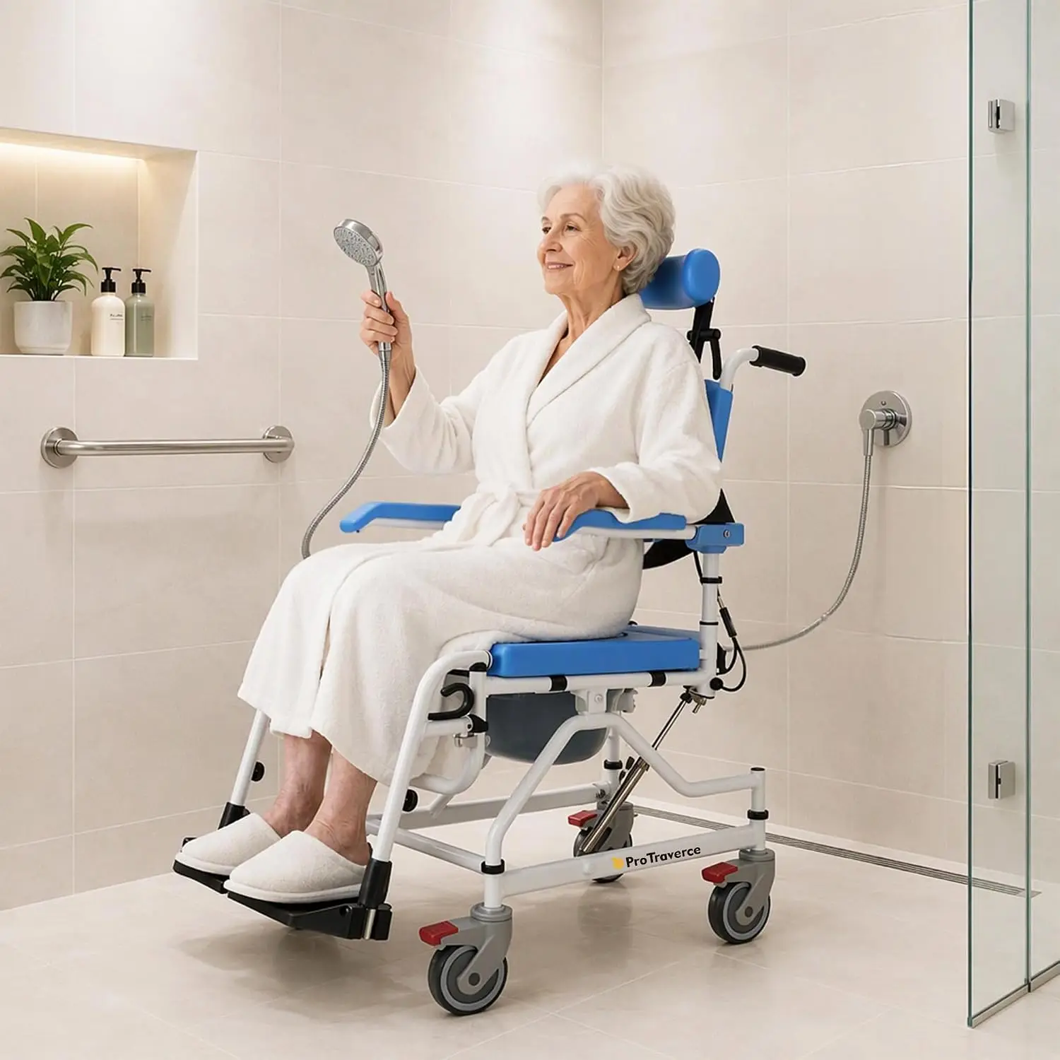 Reclining Shower Chair with Wheels & Commode Bucket, Waterproof Rolling Shower Wheelchair for Seniors & Disabled, with Safety