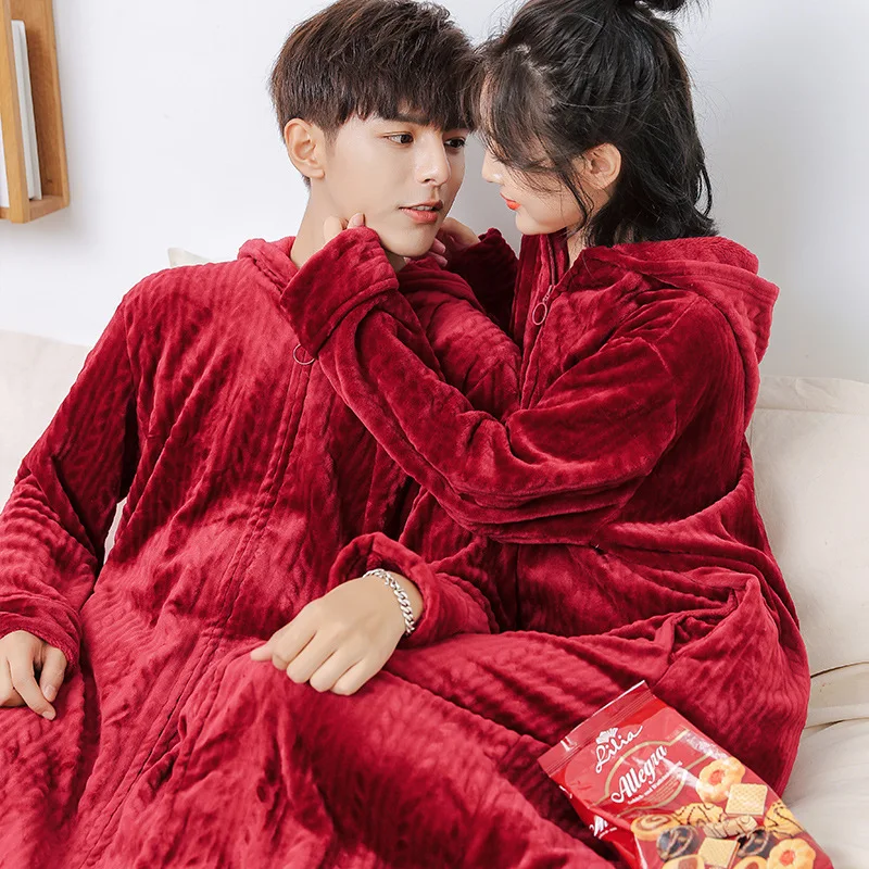 

Autumn Winter Flannel Couple Robe Sleepwear Thickened Warm Long Hooded Nightgown Bathrobe Gown Loose Coral Fleece Home Wear