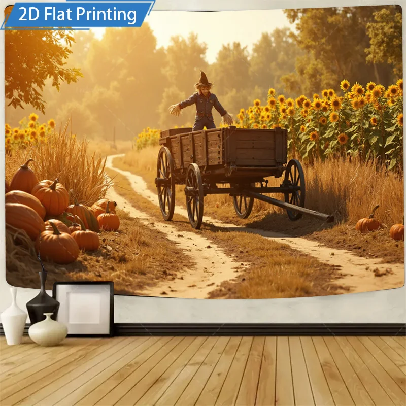 [2D شقة] 1 قطعة 4x16 بوصة علامة معدنية ريفي الخريف الفزاعة عربة عباد الشمس الميدان 2D شقة طباعة المعادن جدار ديكور فني