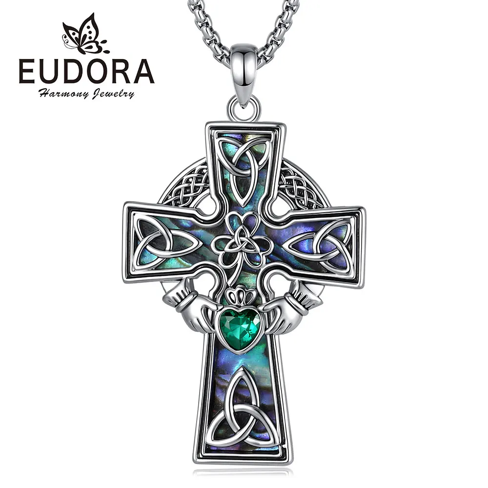 Eudora Copper Claddagh Celtic Cross Necklace for Woman Men Abalone Shell Pendant Christian Amulet Religious Jewelry Fine Gift