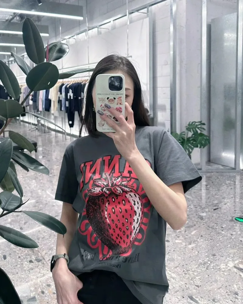 Camiseta de manga curta com decote em O feminina, simples, relaxada, estilo casual, estampada com frutas, moda verão, cinza