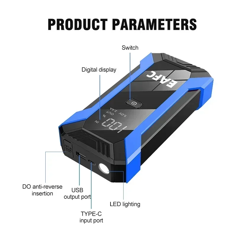 12V Car Jump Starter 1200A Output Portable Emergency Start-up Charger Petrol Car Power Bank Booster Battery Starting Device