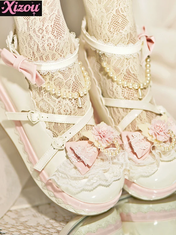 Kawaii japonês doce e bonito plataforma original muffin sapatos femininos pérola arco cabeça redonda lolita feminino mary jane único sapatos