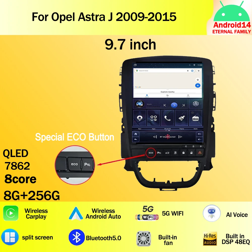 9.7 inch For Opel Astra J 2009-2015 Android 14 Car Radio Multimedia Video Player GPS Tesla Model wireless android Auto WIFI 4G