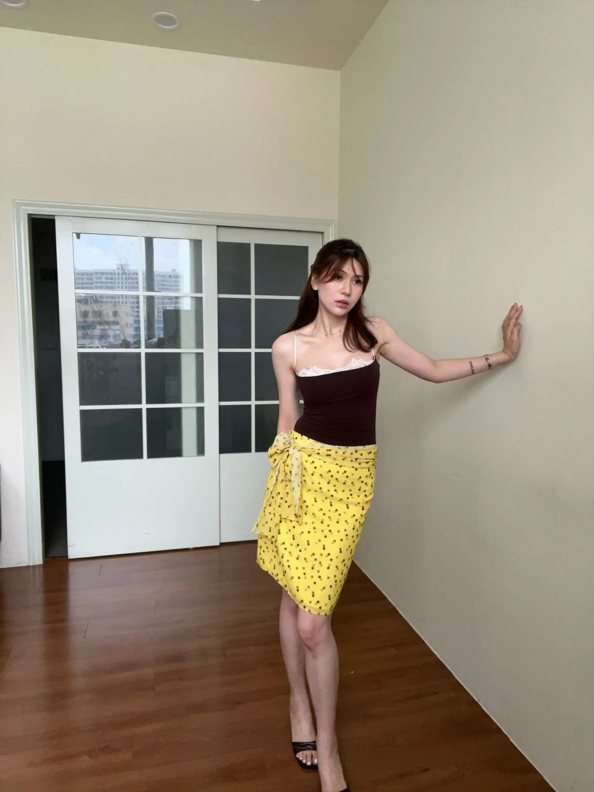 American Style Yellow Chiffon Polka Dot Half Skirt Women's Summer New High Waist A-Line Skirt Hip Covering Versatile Midi Skirt