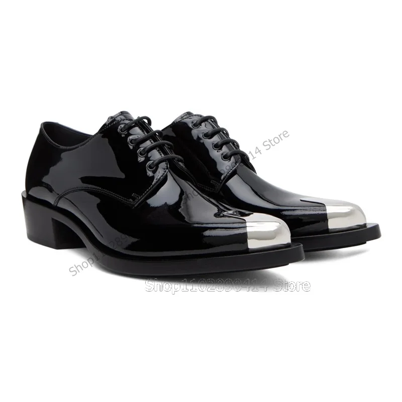 Black Patent Leather Silver Pointy Toe Men Shoes Fashion Lace Up Male Shoes Luxury Handmade Party Banquet Office Men Dress Shoes