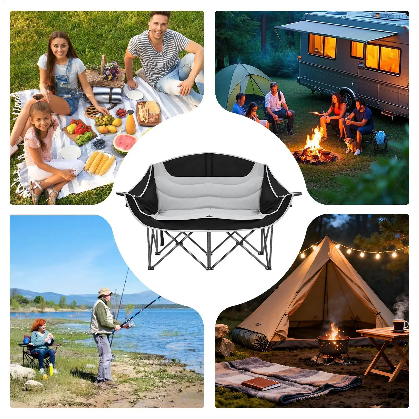 كرسي تخييم لشخصين قابل للطي بمقعد منخفض الحب ومقعد مزدوج للمهرجانات والحفلات الموسيقية وغرف المعيشة والتخييم في الهواء الطلق وأيام الشاطئ #5