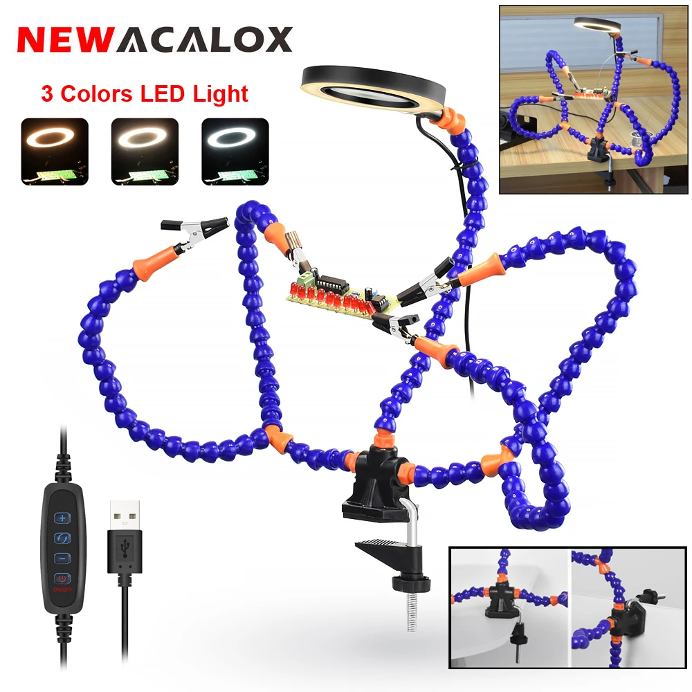 NEWACALOX Table Clamp Soldering Third Hand with 3X USB Magnifier LED Light  5Pcs Flexible Arms PCB Holder Welding Repair Tool