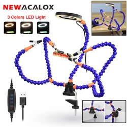 NEWACALOX – pince de Table à souder troisième main avec loupe USB 3X, lumière LED, bras flexibles, support de PCB, outil de réparation de soudage 5 pièces