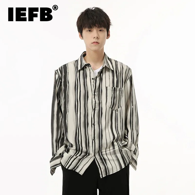 

IEFB Korean Style Male Shirts Casual Stripe Contrast Color Lapel Long Sleeve Loose Men's Clothing Autumn Simple 2024 9C6839