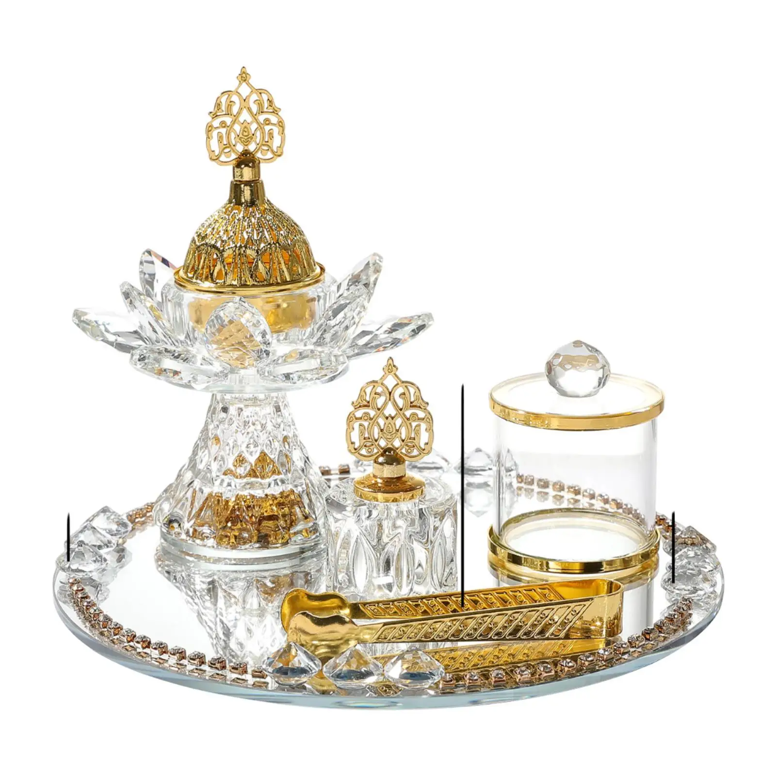 

Glass Incense Burner Set Censer Ornament with Tray Storage Jar and Tongs Ramadan