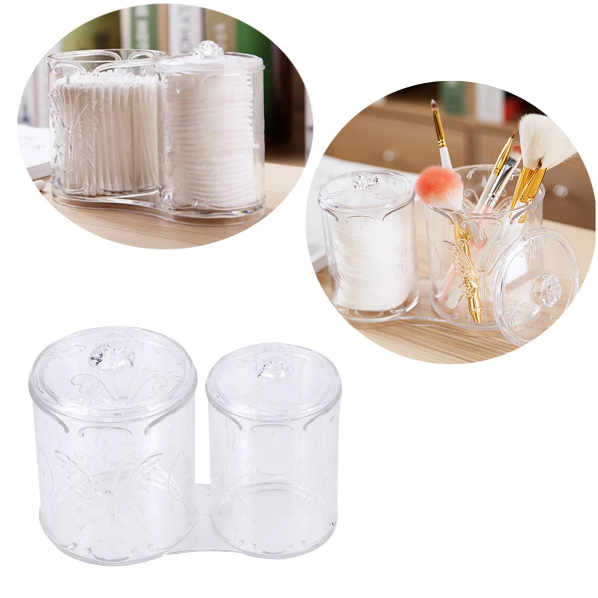 صندوق منظم فرش المكياج، حاوية تخزين أكريليك شفافة لمسحات القطن، أقلام التجميل، مجموعة علب شفافة، جرة مستديرة