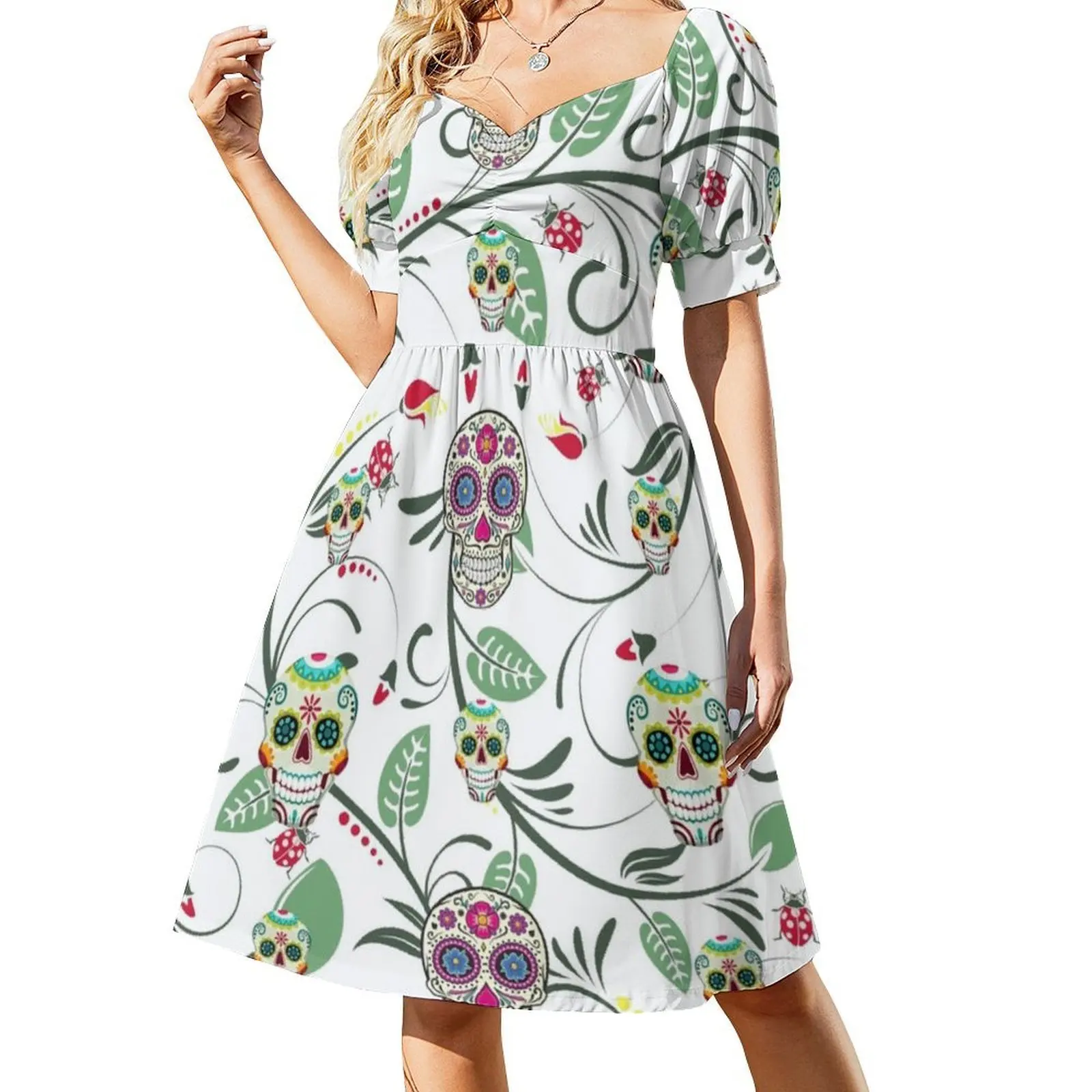 حديقة جمجمة السكر. فستان مثير للإجازات للنساء على الشاطئ وحفلات أعياد الميلاد فستان قصير على شكل جمجمة السكر وجمجمة السكر موضة السهرة #2