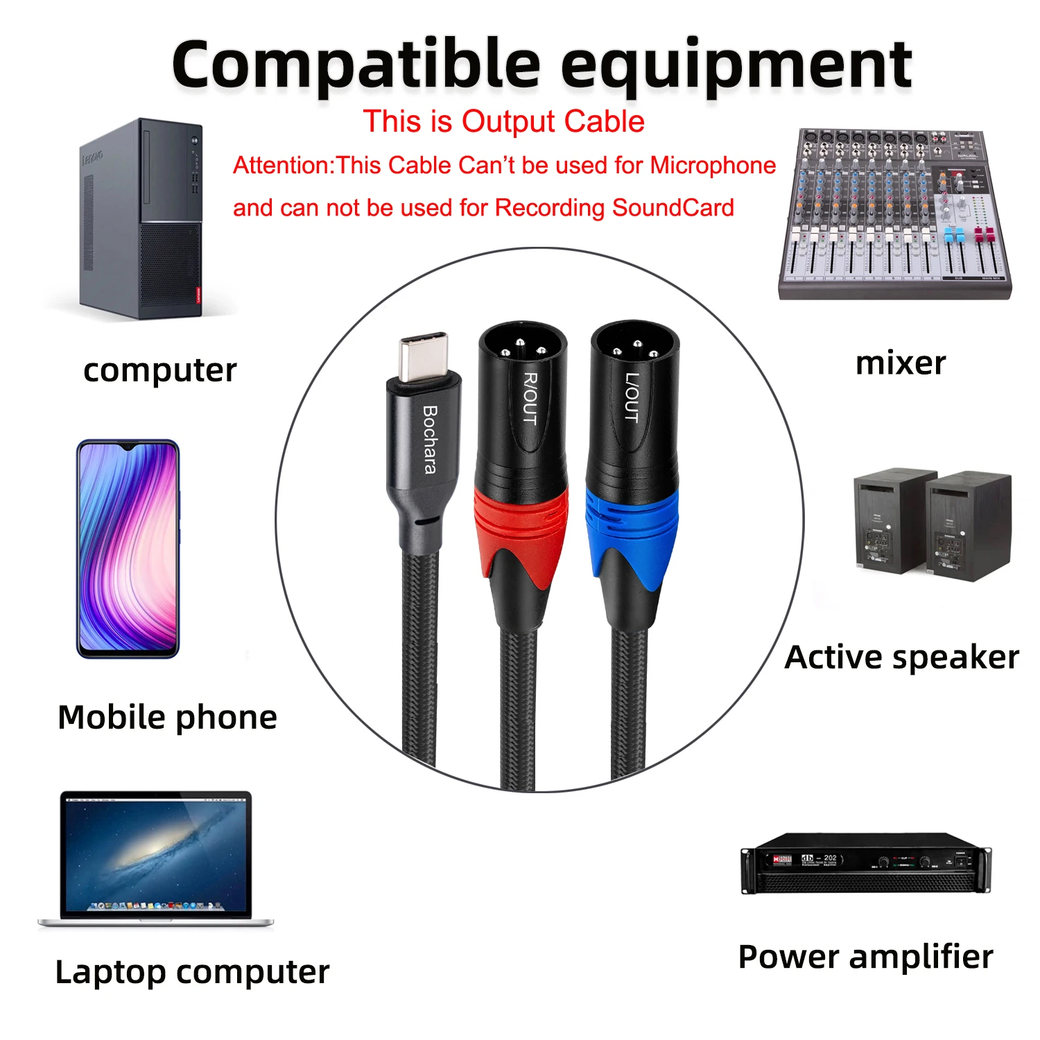 Bochara Braided Type C to Dual XLR Male Output Audio Cable Built in Chipset Foil+Braided Shielded For Speakers