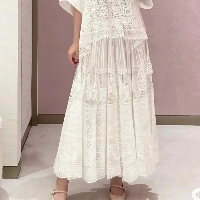 

Women' Classic Heavy Industry Embroidery Lace Skirts French Elegant White High Waist Hollow Out Skirt Runway Y2K New 24 Holiday