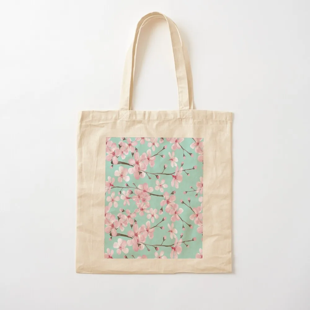 cherry blossom on mint, pink cherry blossom watercolor Tote Bag bags for women reusable shopping bag shopping cart bags