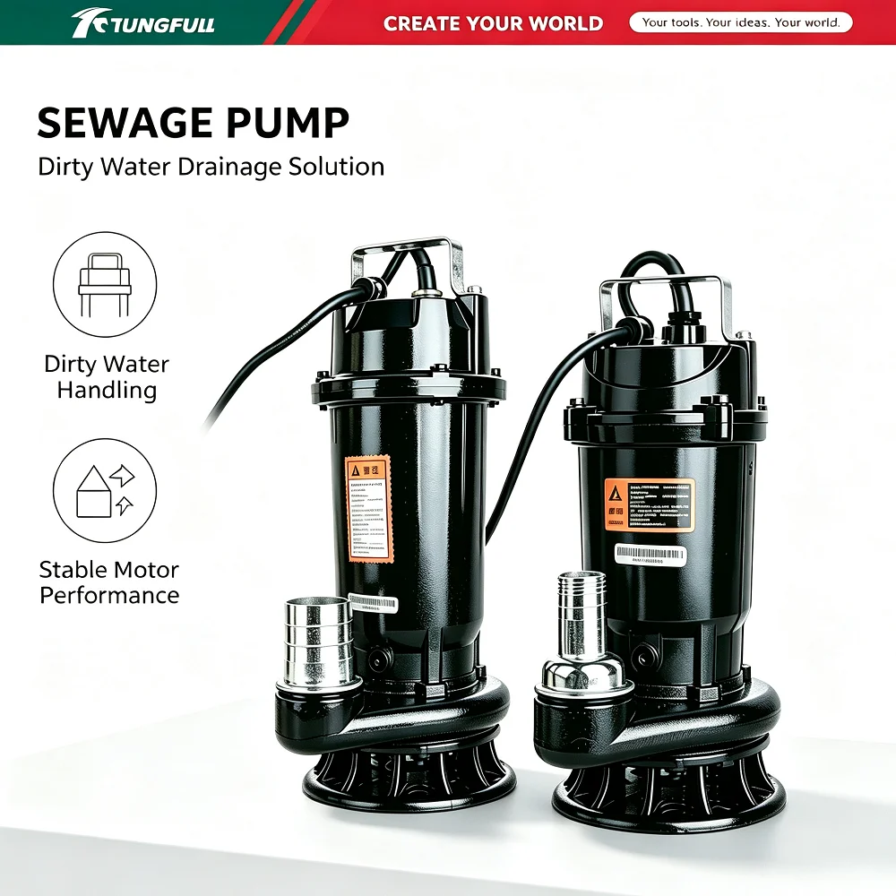 TUNGFULL High Flow Heavy‑Duty Submersible Sump Pump Cast Iron Dirty Water Sewage Drain Pump For Household Basement Outdoor Pond