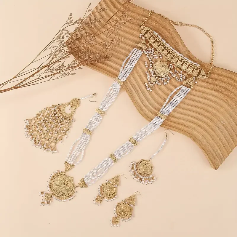5pcs/Set Luxury  Bollywood Style Hollow Out Metal Handmade Beads Tassels Headwear+Dangle Earrings+Necklace，Jewelry Set For Women