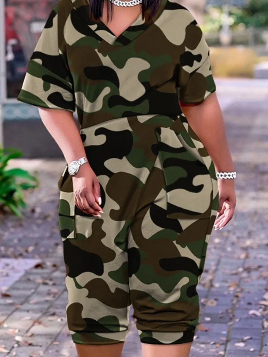 Lw Plus Size Casual Jumpsuit Camo Print Pocket Design Jumpsuit Korte Mouw Losse Wijde Pijpen Rompertjes Zomer Jumpsuit Overalls Outf