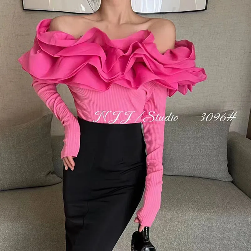 

Sweet Off Shoulder Shirts Women Tea Break Ruffled Mesh Spliced Long Sleeved T-shirt Fashion Autumn Slim Knitted Tops Pure Color