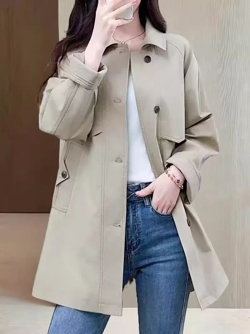 Women's Spring Trench Coat – Loose Fit Khaki Double-Breasted Medium Length Windbreaker with Flared Collar, Commuting Jacket J41