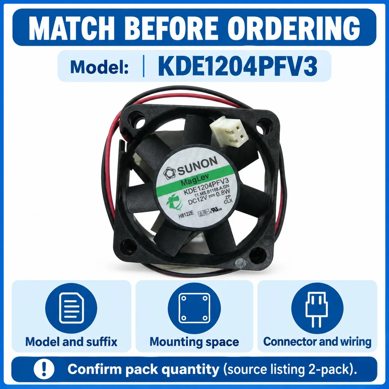 KDE1204PFV3 Server Cooling Fan 40x40x10mm 4010 12V 0.065A 3500RPM 2-Pack for SUNON