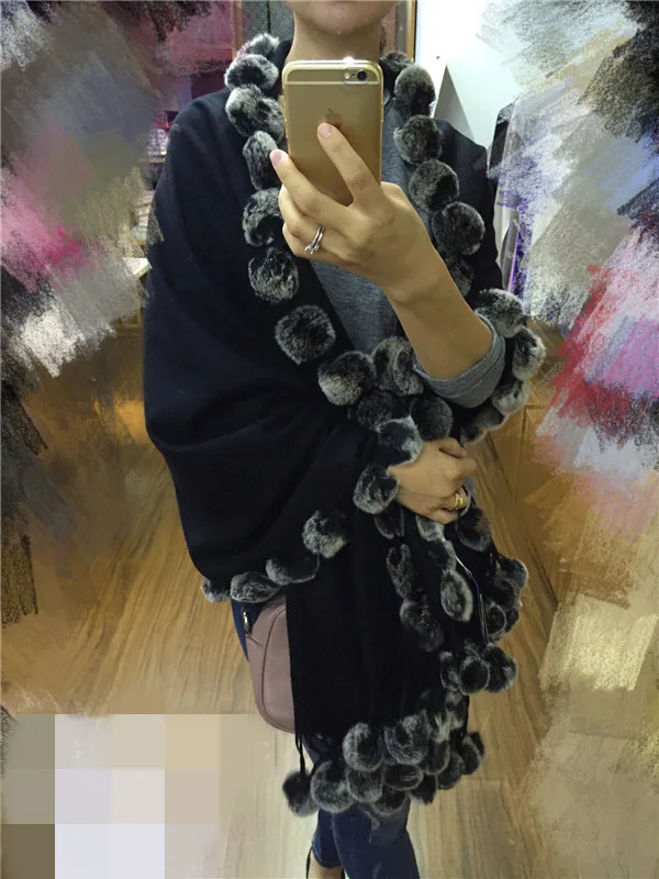 Fashion Handwork Real 100% Wool Scarf with Genuine Rex Rabbit  fur Trim Cape Shawl Overcoat Autumn Winter Women Wraps