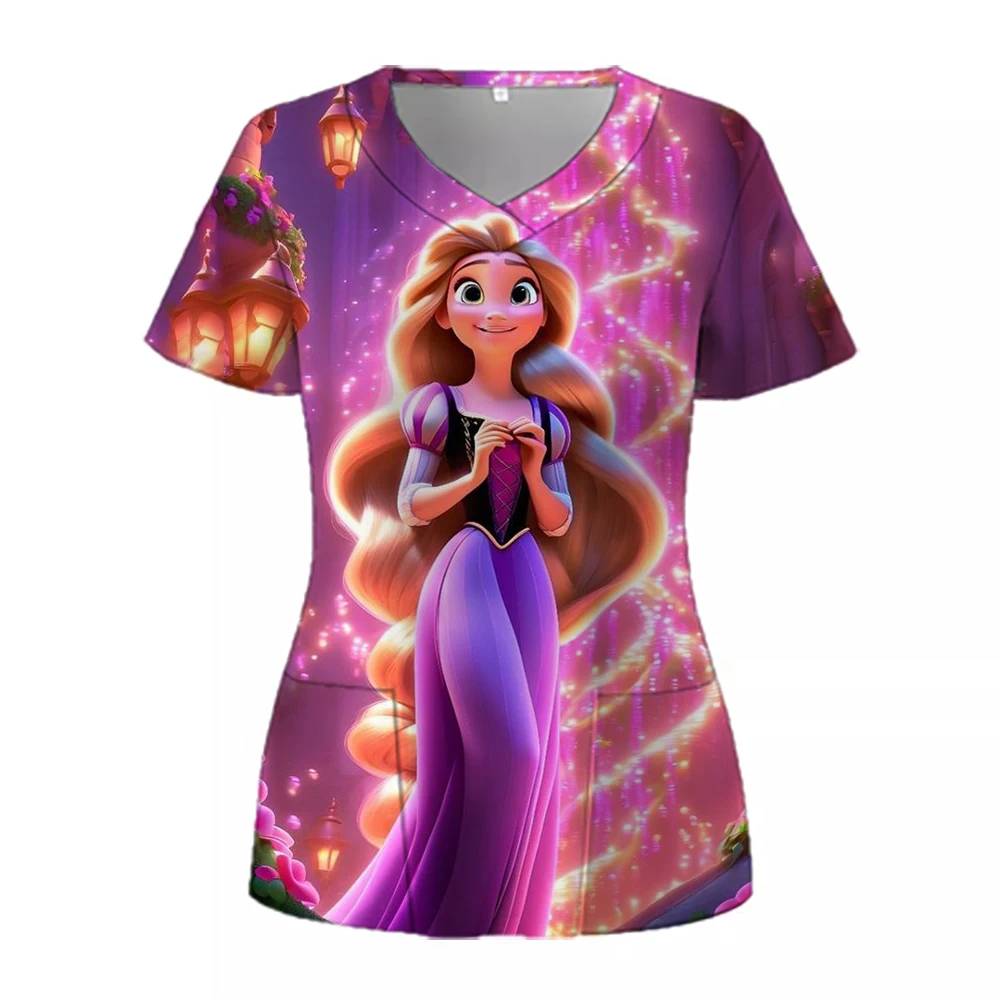 Disney Princess Pocket Women's V Neck Nurse Uniform T-Shirt Summer Short Sleeve 2024 Y2k New Dress Kawaii Woman Clothing S-2XL