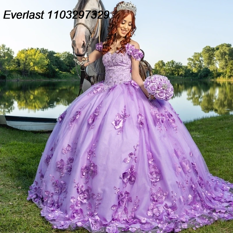 EVLAST Luxury Purple Quinceanera Dress Ball Gown 3D Floral Applique Beaded Mexican Corset Sweet 16 Vestidos De 15 Años TQD851