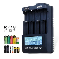 Opus-Smart Recarregável Carregador de Bateria Inteligente, BT-C3100, V2.2, Universal, Quatro Slots, Tela LCD Replenisher, Acessórios e Peças, Novo