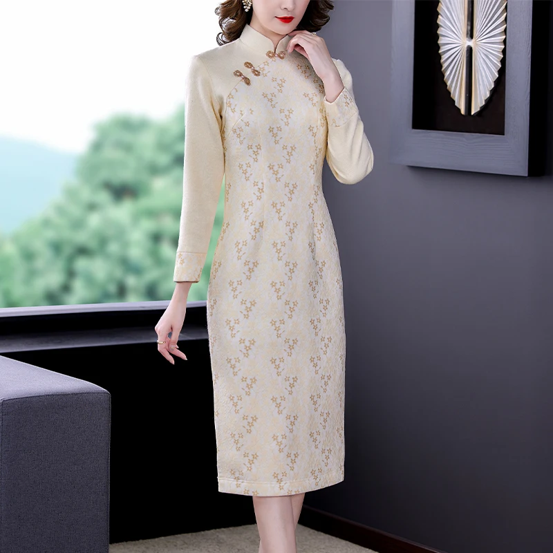 Women Chinese Style White Woolen Cheongsam Dress 2024 New Fashion Patchwok Lace Dress Autumn Winter Elegant Bodycon Casual Dress