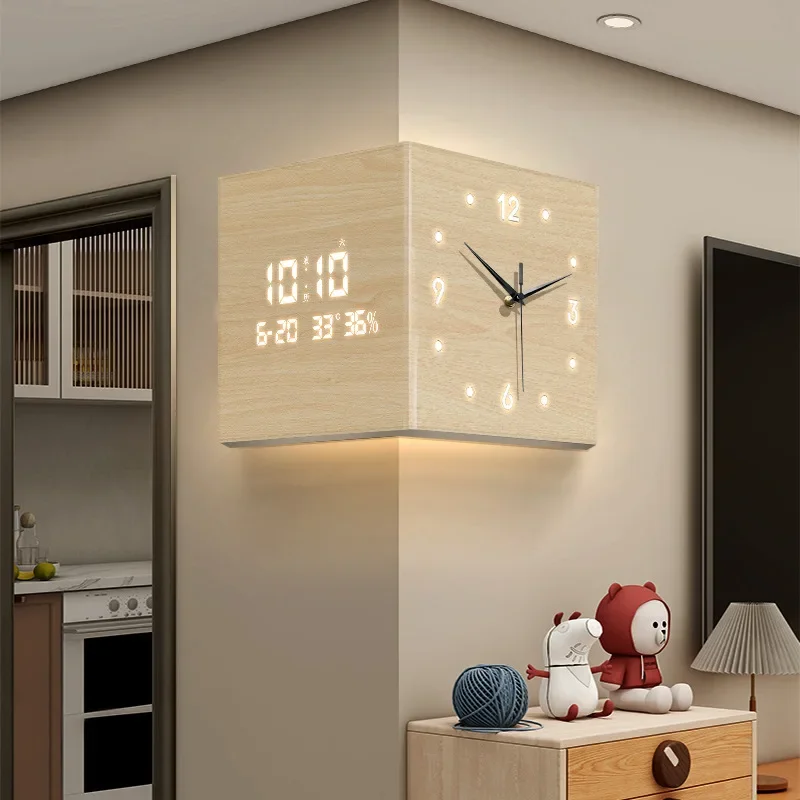 Retro Living Room Corner Clock Perpetual Calendar 2025 New Electronic Light Clock Double-sided Wall Clock Corner Wall Watch
