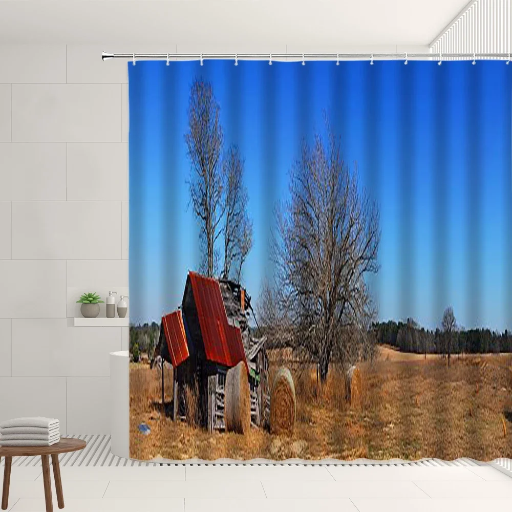 Farm Scenery Shower Curtain Vintage Farmhouse Straw Stack Waterproof Polyester Fabric Bathroom Screen Decoration with Hooks