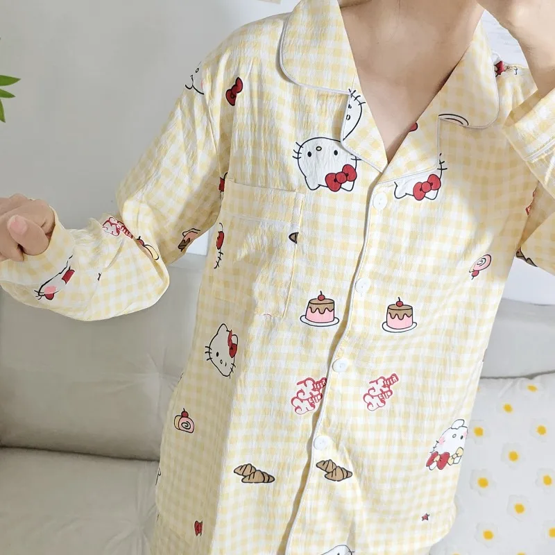 Hello Kitty Pajamas Spring Long Sleeve Set Cartoon Casual Sanrio Pajamas Female Yellow Checked Hello Kitty Pajamas Set