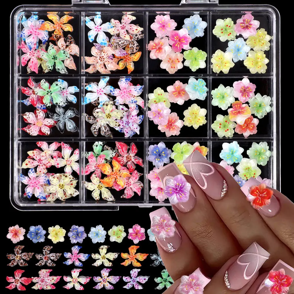 

12grids 3D Colorful Lily Flower Nail Charms 72pcs Ice Translucent Sakura Floral Nail Rhinestones Resin Summer Fingernail Decor 7