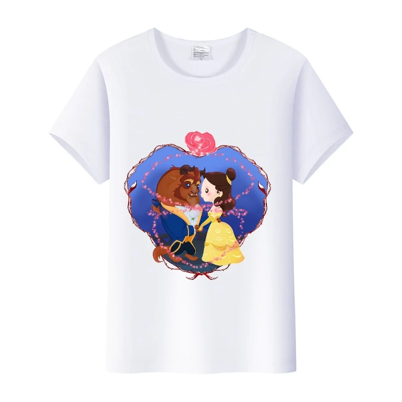 Cute Disney Cartoon Woman Summer Tees Beauty And The Beast Princess Graphic Shirts Ladies T-Shirts Love Clothes White 90S Blouse