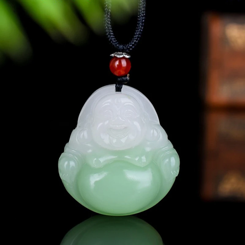 Natural Gold Silk Jade Maitreya Buddha Pendant Light Green Women's Model