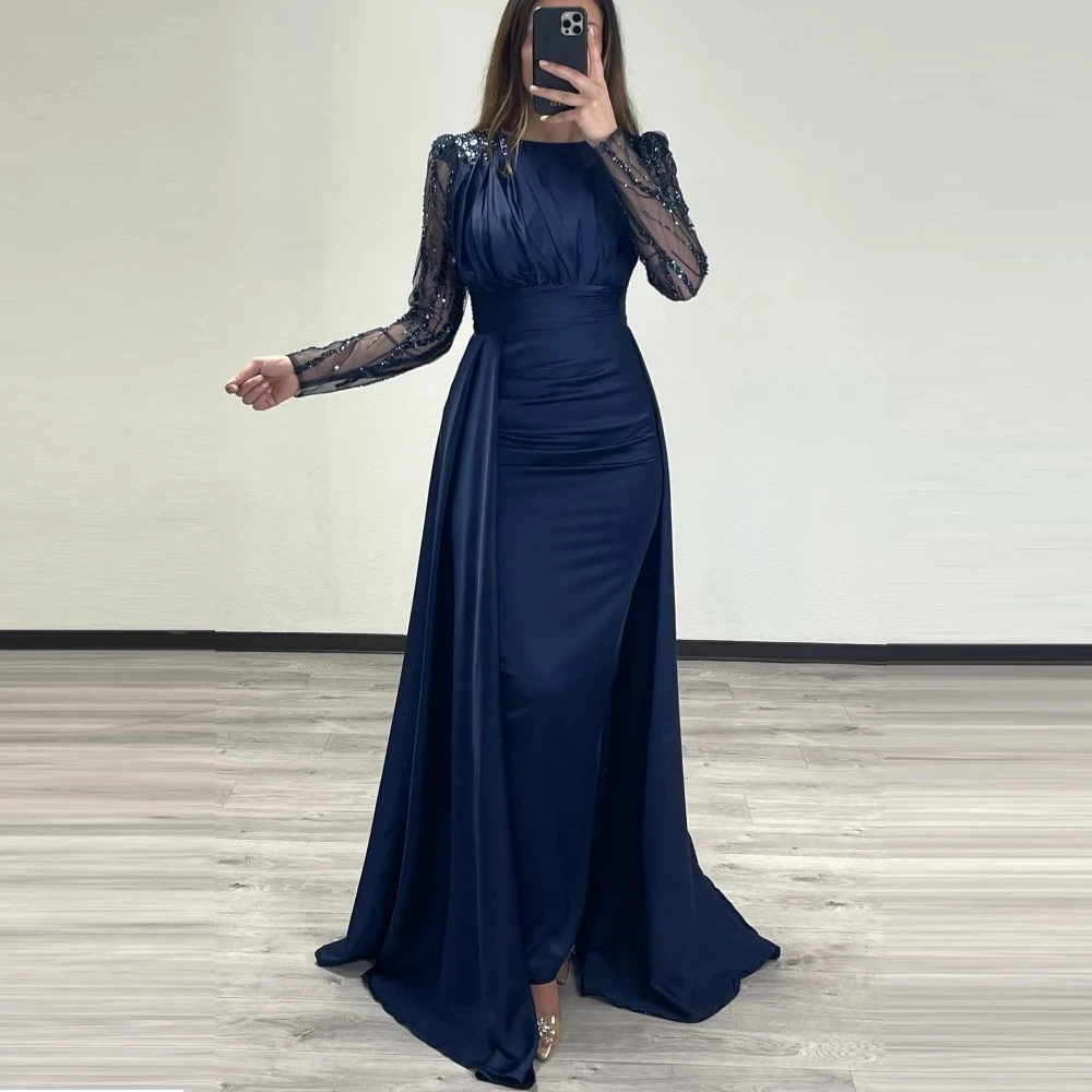 

Romantic Blue Robe De Soirée Custom Made Long Sleeves Mermaid Sequined Evening Gown Satin Saudi Arabic Party Dress Prom Dresse