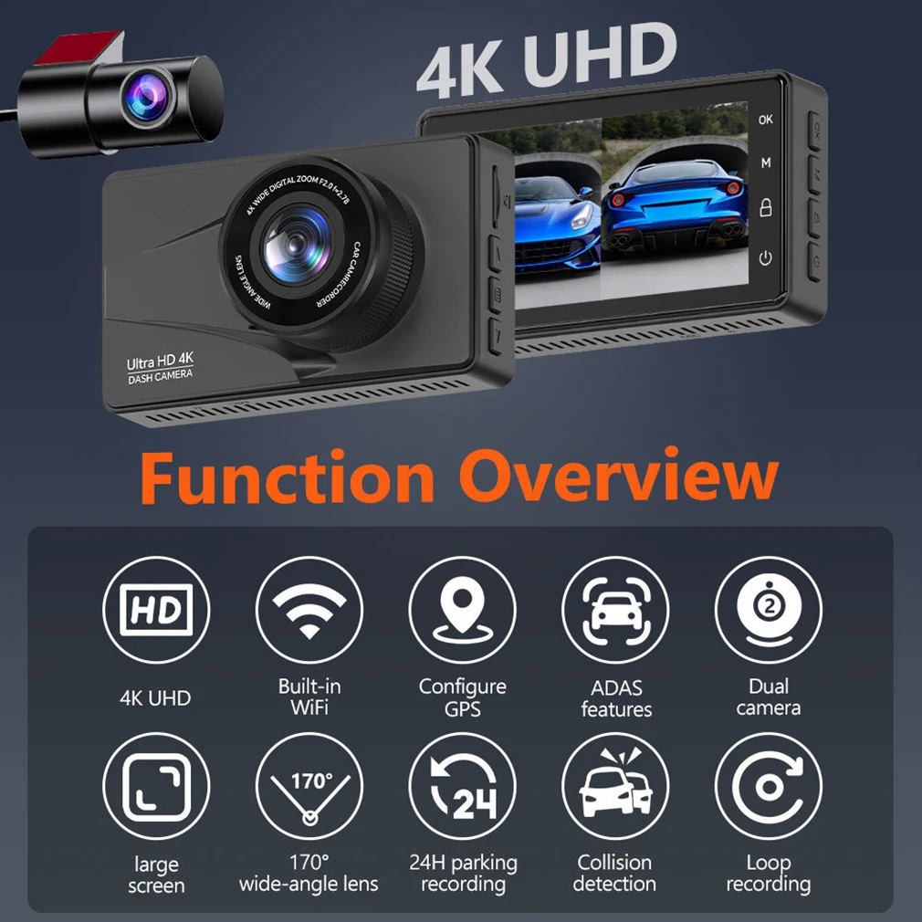 Dual Lens 4K Wifi Dash Cam For Cars, UHD 4K+2.5K Front And Rear Camera , Build-in Wifi WIth GPS ADAS  ,3 Inch IPS Display