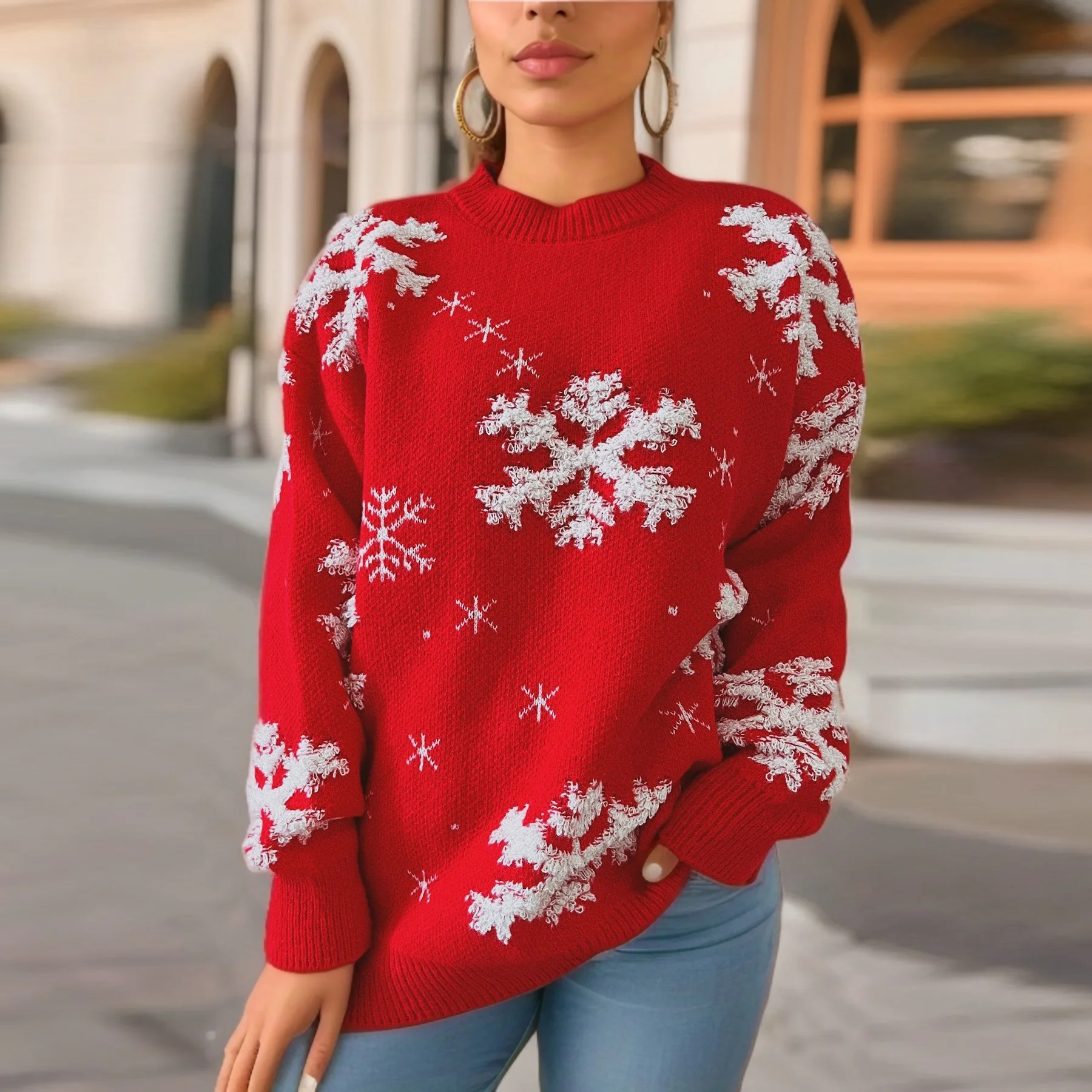 Red Christmas Sweater Women's Snowflake Towel Embroidered Round Neck Long Sleeved Christmas Themed Pullover Sweater