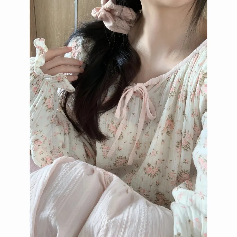 Floral Women Nightgown Korean Sleepwear Square Collar Nightwear Ruffle One Piece Pajamas Ruffles Autumn Sleeping Night Dress New