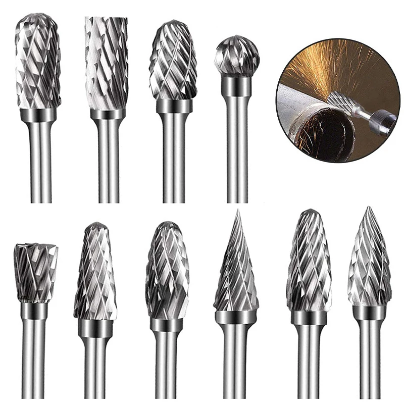 

10Pcs 3mm Shank Tungsten Carbide Milling Cutter Rotary Tool Burr Double Diamond Cut Rotary For Hand Tools Electric Grinding