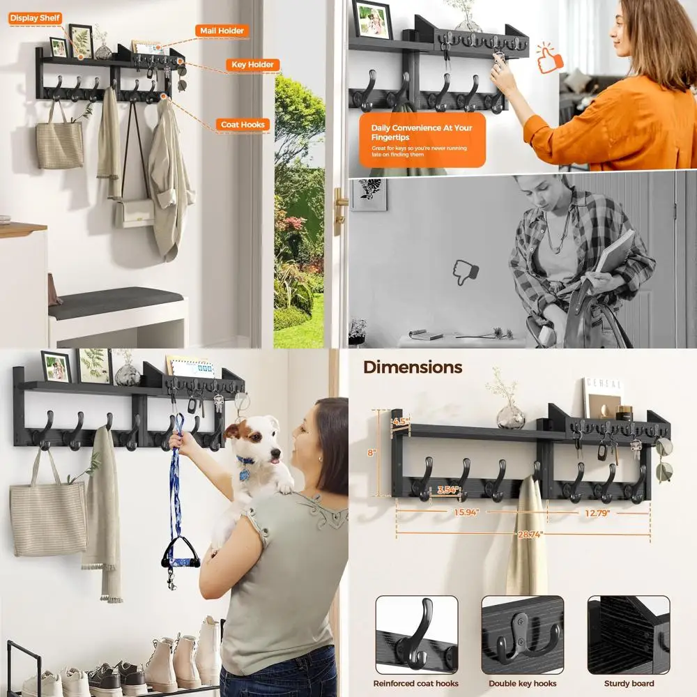 

Настенная вешалка для одежды с 11 крючками, полками и держателем для почты - черная