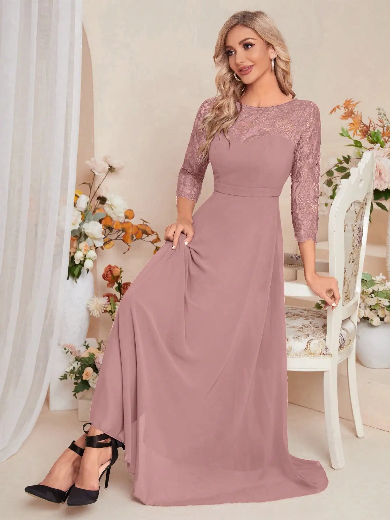 Unithorse Elegant Contrast Lace Chiffon Bridesmaid Dress